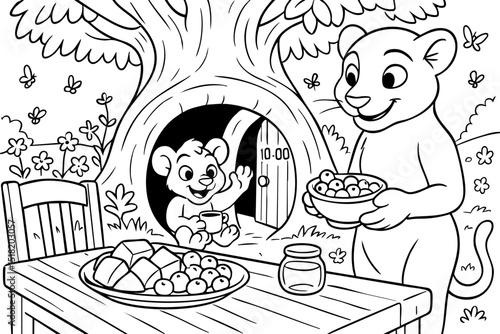 Lion Family Eating Time Line Art Doodle Illustration