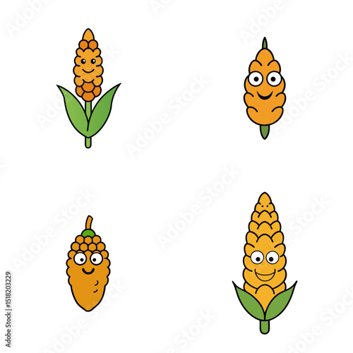 Four cartoon corn cobs with different styles and expressions are displayed on a white background