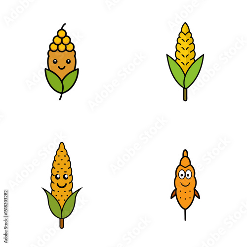 Four cartoon corn cobs with different expressions and styles on a white background for decoration use