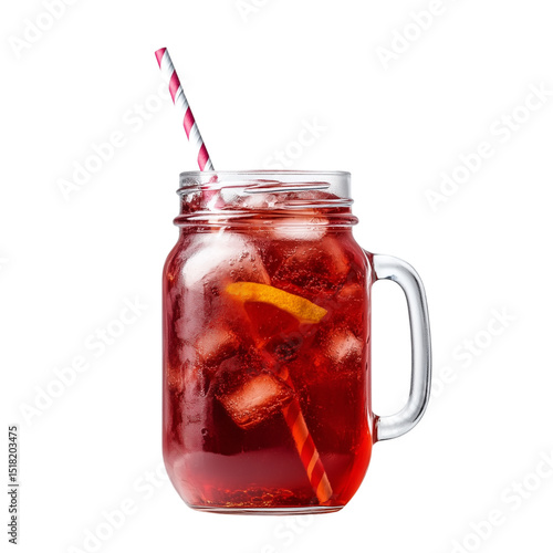 Refreshing iced red drink with lemon slice in mason jar, striped straw, and ice cubes, perfect for summer, isolated on transparency background