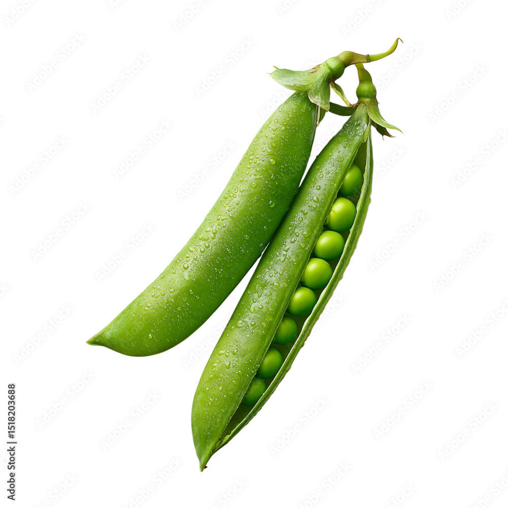 Fresh green pea pod with water droplets, one pod open showing round peas inside, isolated on transparency background, healthy vegetable, natural and organic food concept Fresh green pea pod with water droplets, one pod open showing round peas inside, isolated on transparency background, healthy vegetable, natural and organic food concept