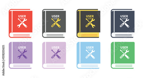 Collection of colorful user guide books with repair tools isolated on white background