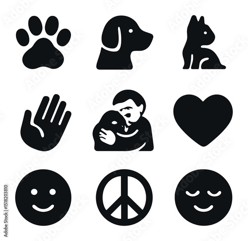 Animal Companionship Icons. Solid, filled icons set of peaceful animal companionship: paw icon, dog icon, cat