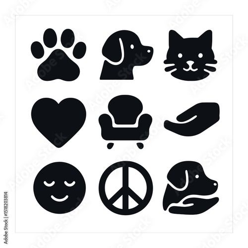 Animal Love Icons. Solid, filled icons set of animal love and comfort: paw icon, dog icon, cat icon, heart