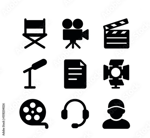 Filmmaking Essentials Icons. Solid, filled icons set of filmmaking essentials on set: director chair, film