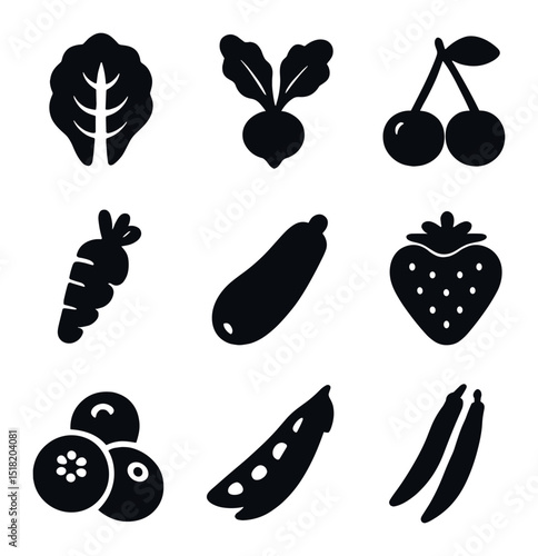June Garden Icons. Solid, filled icons set of bountiful June garden: lettuce leaf, radish icon, cherry icon,