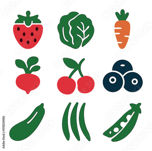 June Produce Icons. Solid, filled icons set of nutritious June produce: strawberry icon, lettuce icon, carrot