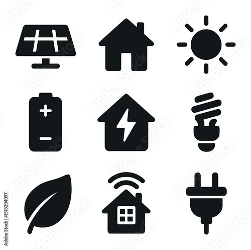 Solar Home Icons Grid. Solid, filled icons set of solar-powered homes: solar panel, house icon, sun icon,