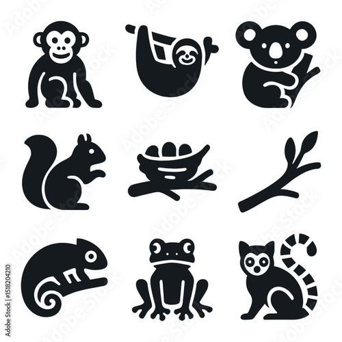 Tree Dwelling Icons. Solid, filled icons set of tree-dwelling animals: monkey icon, sloth icon, koala icon,