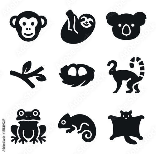 Forest Canopy Icons. Solid, filled icons set of forest canopy dwellers: monkey icon, sloth icon, koala icon,