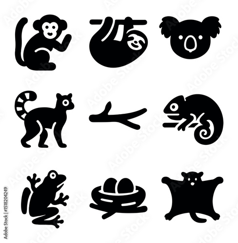 Treetop Animal Icons. Solid, filled icons set of animals that thrive in treetops: monkey icon, sloth icon,