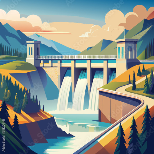 Hydroelectric Dam with Flowing Water Vector Illustration