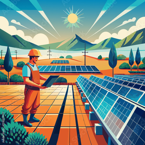 Technician Working on Solar Panel Farm Vector