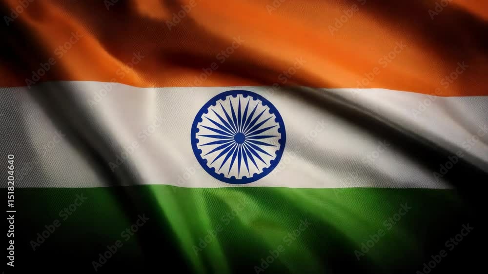 Indian flag billowing, displaying saffron, white, green stripes and central navy blue ashoka chakra.