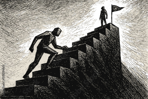 Black and white abstract illustration of a person climbing stairs towards success and achievement icon set