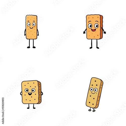 Four cartoon shortbread cookies with faces and limbs standing on a white background in a square format