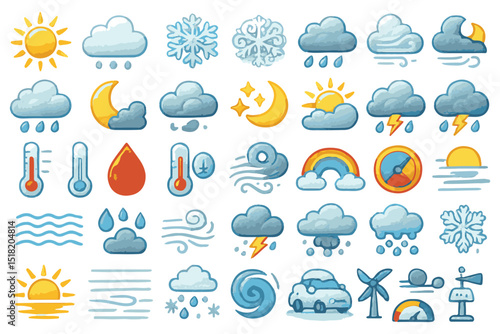 Weather and climate icons representing sun, rain, storm, snow, and atmospheric conditions icon set