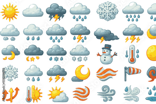 Set of weather, climate, and atmospheric condition icons for forecasting and meteorology icon set