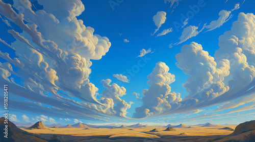 Dramatic painted landscape depicting a desert scene with expansive blue sky and fluffy clouds