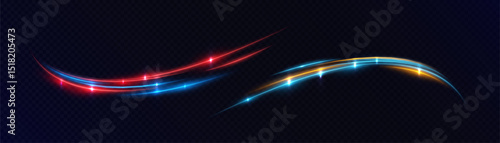 Colorful neon arcs cross the space, simulating fast maneuvers and pulsating energy. Suitable for futuristic interfaces, racing and digital transformations.