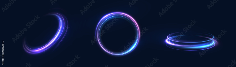 Abstract light effect of glowing line, bright swirl moving in circle on transparent background. Light flow speed effect. Vector	