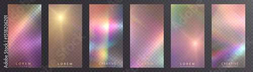 Rainbow light rays, lens flare, reflection effect from crystal, glass or gem. Vector realistic illustration set of light leak effect with spectrum glare, prism refraction, lens flare	