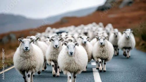 Dense group of white woolly sheep stroll directly toward camera on wet asphalt road flanked by rusty grasses and rocky slopes under grey sky.
