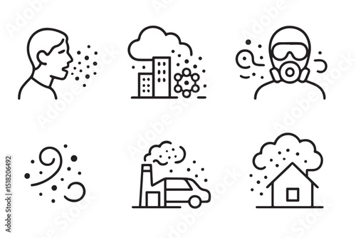 vector icons showing respiratory issues, pollution sources, and safety measures, environment and health awareness icon set