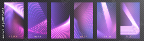 Set of colorful pink and purple backgrounds. Curved rays of light create a sense of movement and depth. Vector