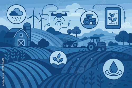 illustration of smart farming with technology, agricultural innovation, drones, weather monitoring, and sustainability, farm automation icon set