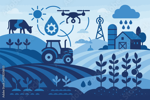 vector icons showing farm technology, water management, crops, and sustainable agriculture practices, digital farming tools icon set