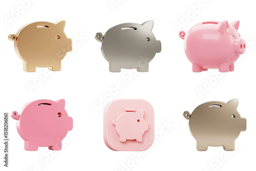 Golden silver and pink piggy banks showcase savings and financial growth in digital age with solid
