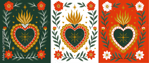 SET OF MEXICAN SACRED HEART POSTERS. TRADITIONAL MEXICAN HEARTS FOR DIA DE LOS MUERTOS. COLORED TRENDY VECTOR ILLUSTRATIONS