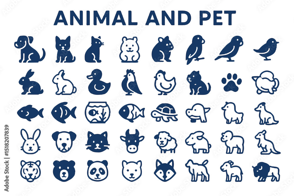 Fototapeta premium animal and pet icon set featuring diverse animal illustrations for pets and wildlife like dogs, cats, birds, fish, and others, icon set