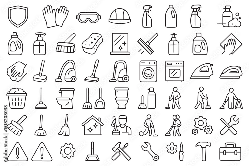 household cleaning and maintenance tools icon set, featuring mop, vacuum, bucket, gloves, soap, and more, icon set household cleaning and maintenance tools icon set, featuring mop, vacuum, bucket, gloves, soap, and more, icon set