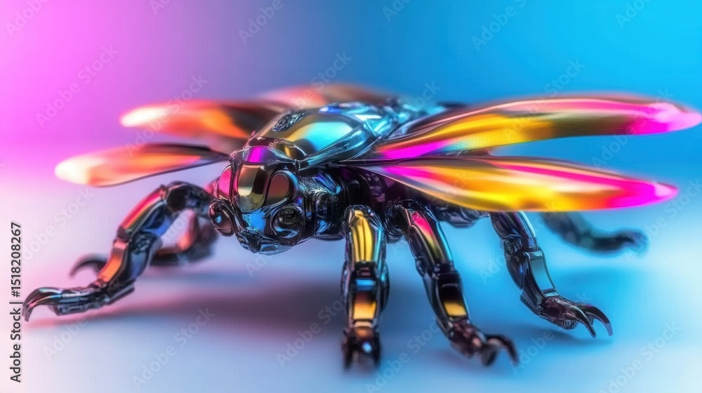 Naklejka premium Insect-like robot with colorful wings in a surreal futuristic setting