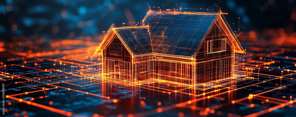 Obraz premium Digital rendering of a futuristic smart home, glowing lines forming a house structure.