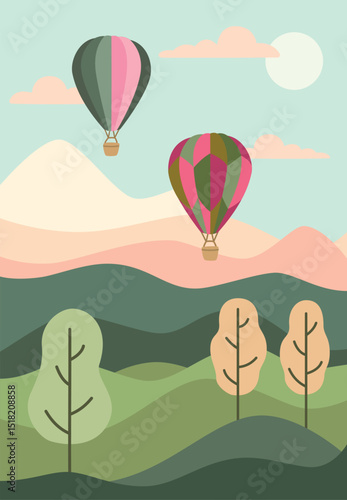 Colorful hot air balloons above a scenic landscape with cute fields, trees, rolling hills 
