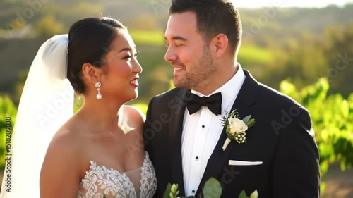Happy couple vineyard wedding golden hour