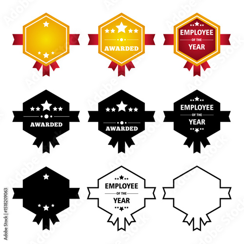 badge award set – employee of the year ribbon emblem icon collection vector