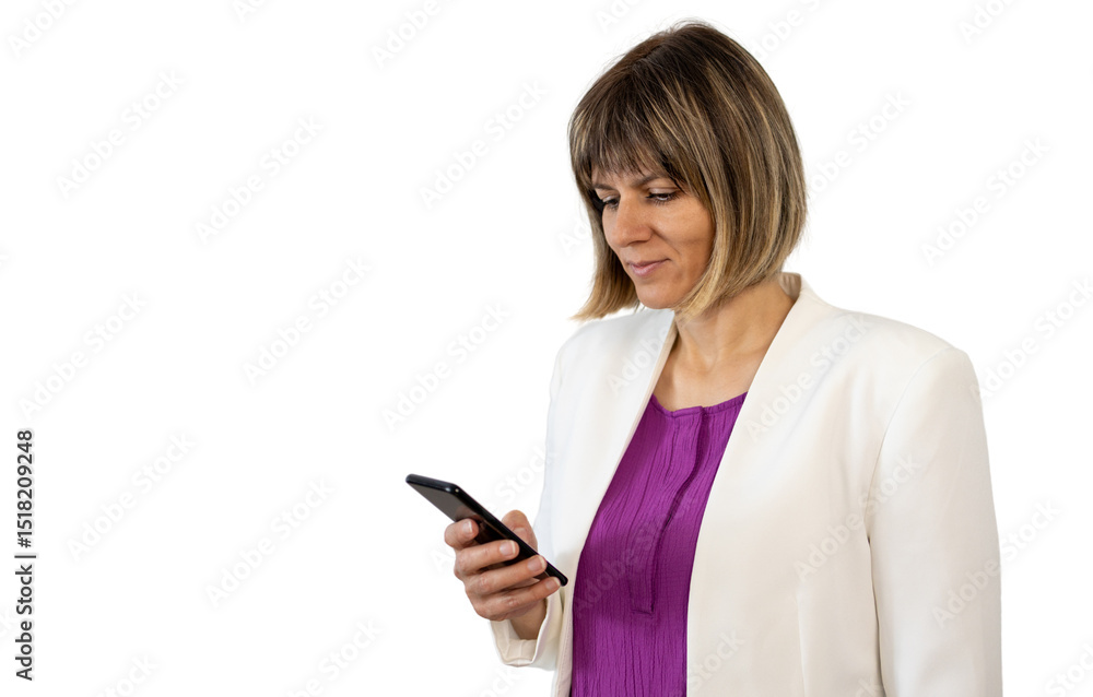 Smiling businesswoman using smartphone with transparent background Smiling businesswoman using smartphone with transparent background
