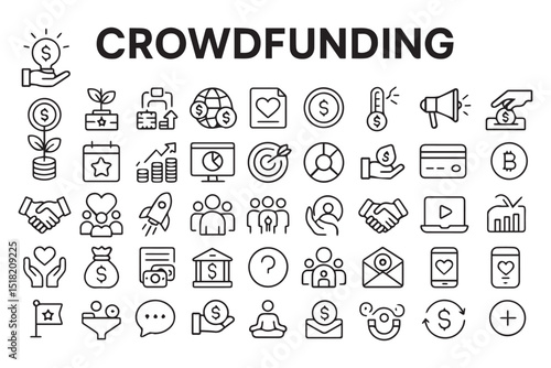Crowdfunding symbols for startup, donations, and business campaigns icon set