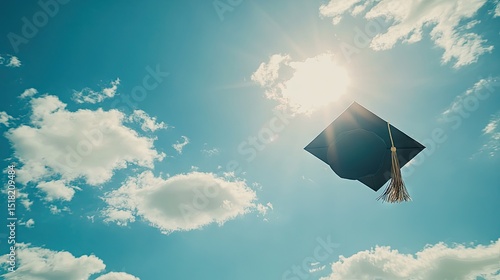 Graduation cap tossed into a clear blue sky.