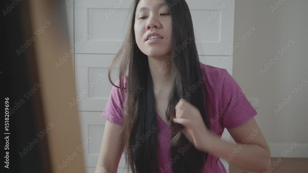 A young woman with long, straight hair is seen in a casual environment, gently brushing her hair while gazing towards a mirror. A young woman with long, straight hair is seen in a casual environment, gently brushing her hair while gazing towards a mirror.