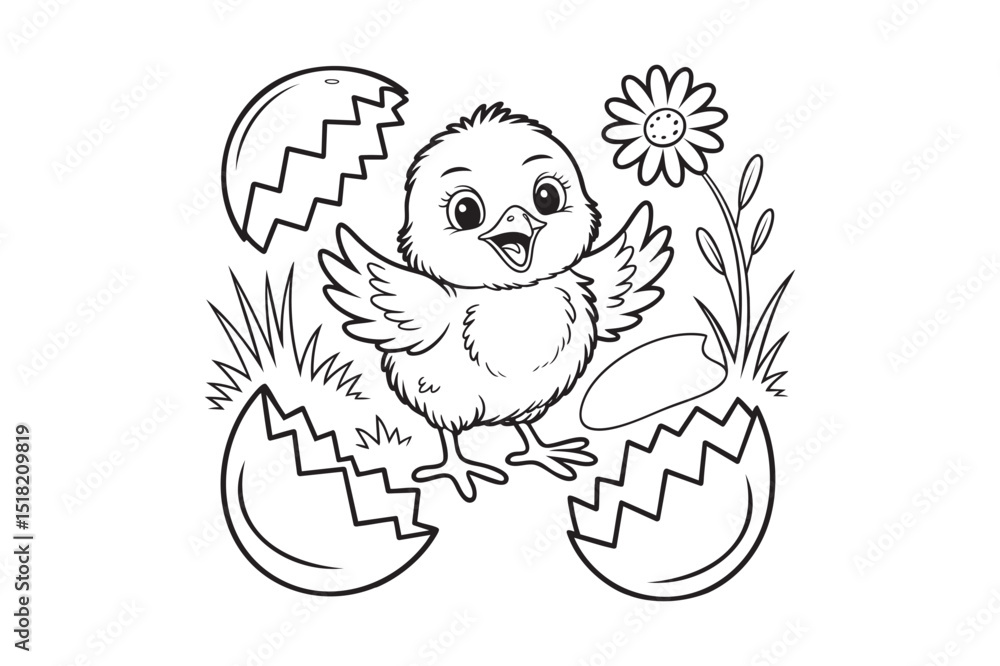 Fototapeta premium Cute Cartoon Chick Hatching – Easter Coloring Page Vector
