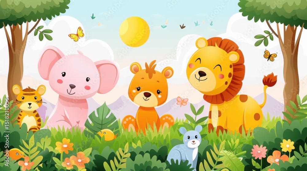 Naklejka premium Cute Cartoon Animals in a Vibrant Nature Setting with Flowers