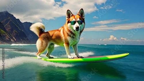 Happy dog with sunglasses on surfboard in ocean	