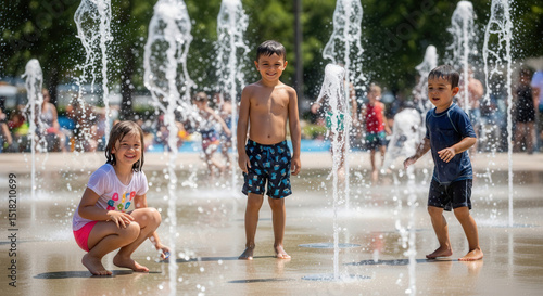 Fototapeta Naklejka Na Ścianę i Meble -  Happy kids cooling off in a public splash pad fountain, laughing and enjoying water jets during a sunny summer afternoon.