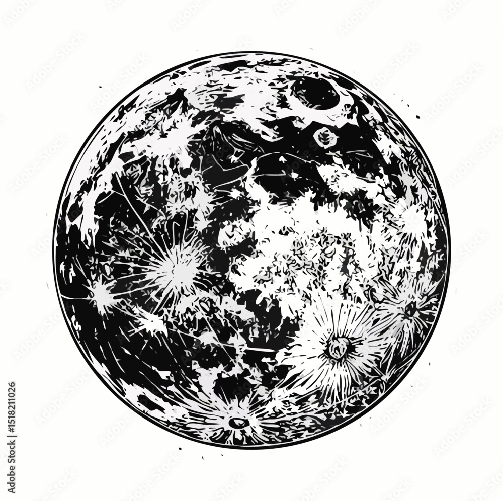 Naklejka premium Black and White Detailed Moon Illustration