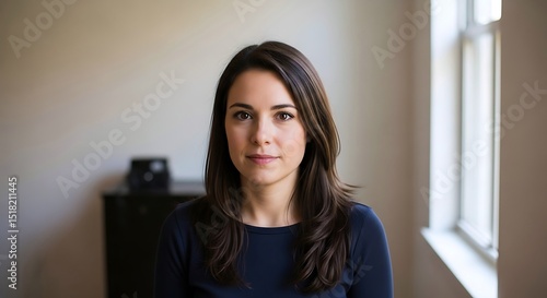 Free Download Confident young adult woman with straight brown hair in navy blue top, looking at camera indoors with natural light, professional modern office portrait, serious and focused expression - GFXLoad